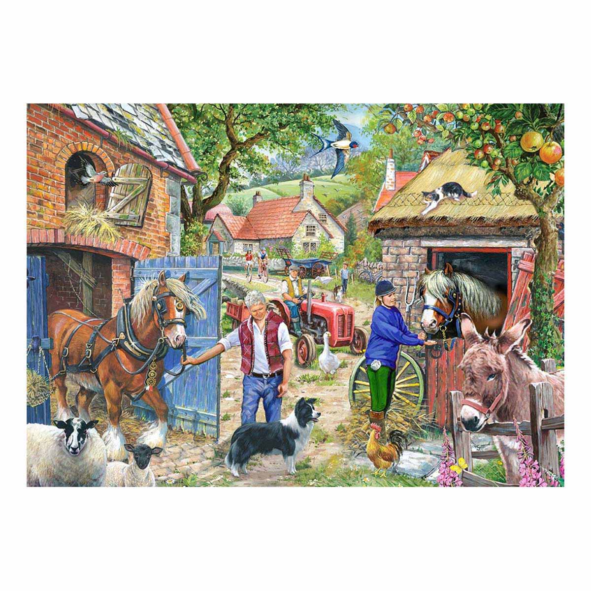 Colorful illustration of a rural scene with people, animals, and farm equipment.