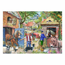 Colorful illustration of a rural scene with people, animals, and farm equipment.