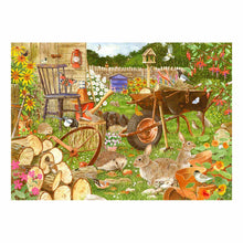 Illustration of a garden scene with animals and tools