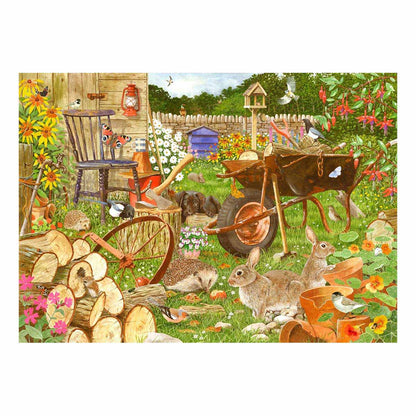 Illustration of a garden scene with animals and tools
