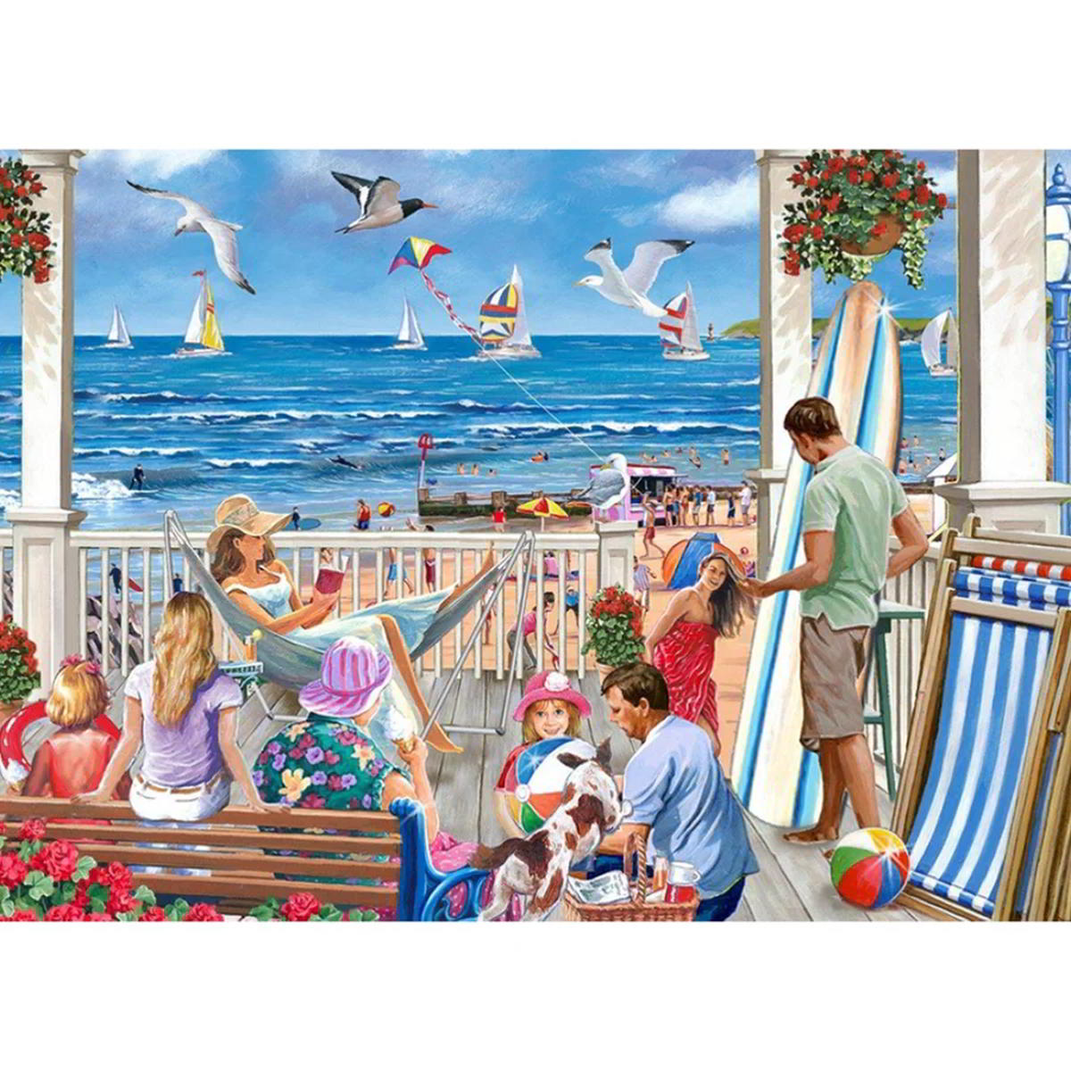 People enjoying a day at the beach with a view of the ocean and seagulls.