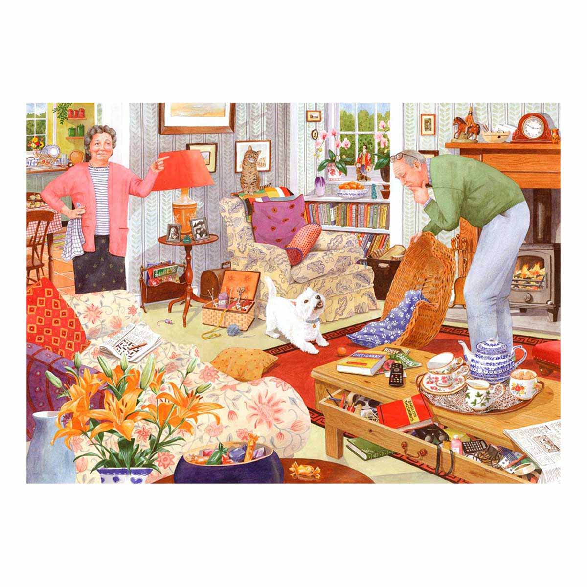 Illustration of a cozy living room with people, pets, and various items.