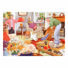 Illustration of a cozy living room with people, pets, and various items.