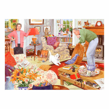 Illustration of a cozy living room with people, pets, and various items.