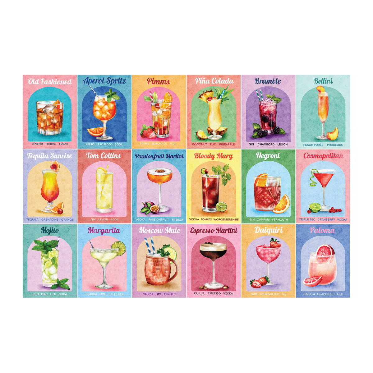 Grid of colorful cocktail illustrations with names on a white background
