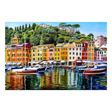 Colorful coastal town with boats in a harbor