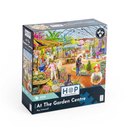 Puzzle box titled 'At The Garden Centre' by HOP on a white background