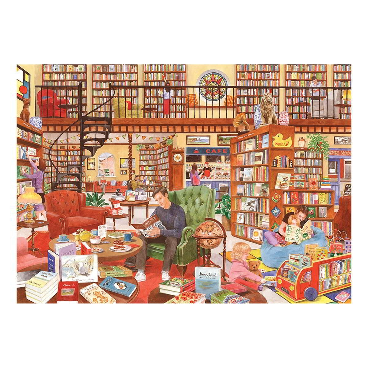 Illustration of a cozy bookstore with people reading and interacting.