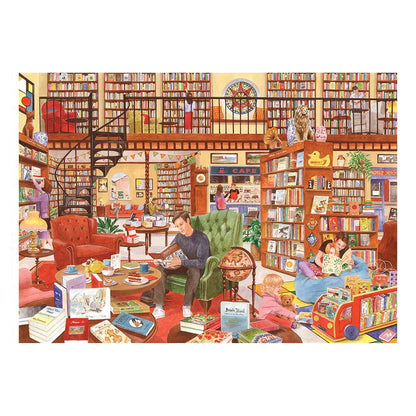 Illustration of a cozy bookstore with people reading and interacting.