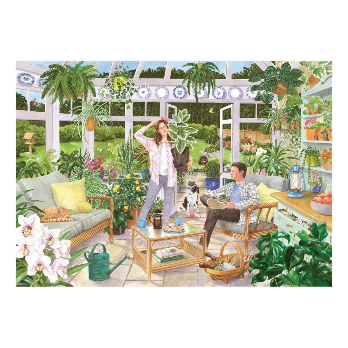 Illustration of a couple in a greenhouse with plants and garden tools.