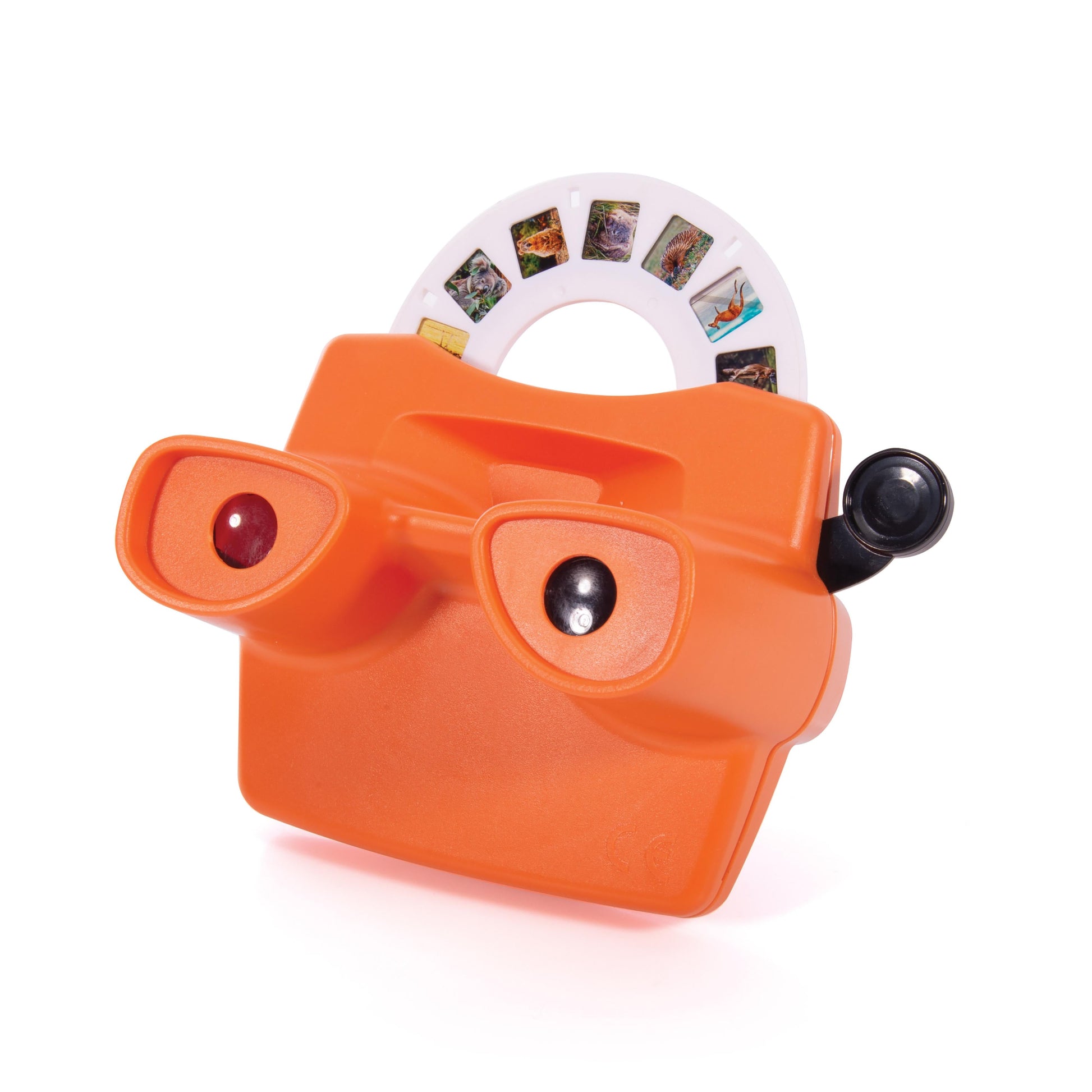 Orange vintage-style View-Master with a reel on a white background
