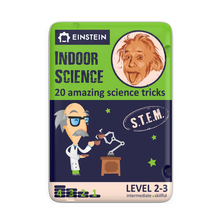 Einstein indoor science kit packaging with cartoon scientist and educational design on a white background