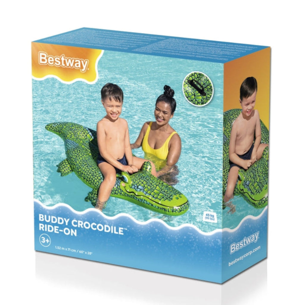 Bestway inflatable crocodile pool float ride-on for kids, 1.52m x 71cm with sturdy grab handles