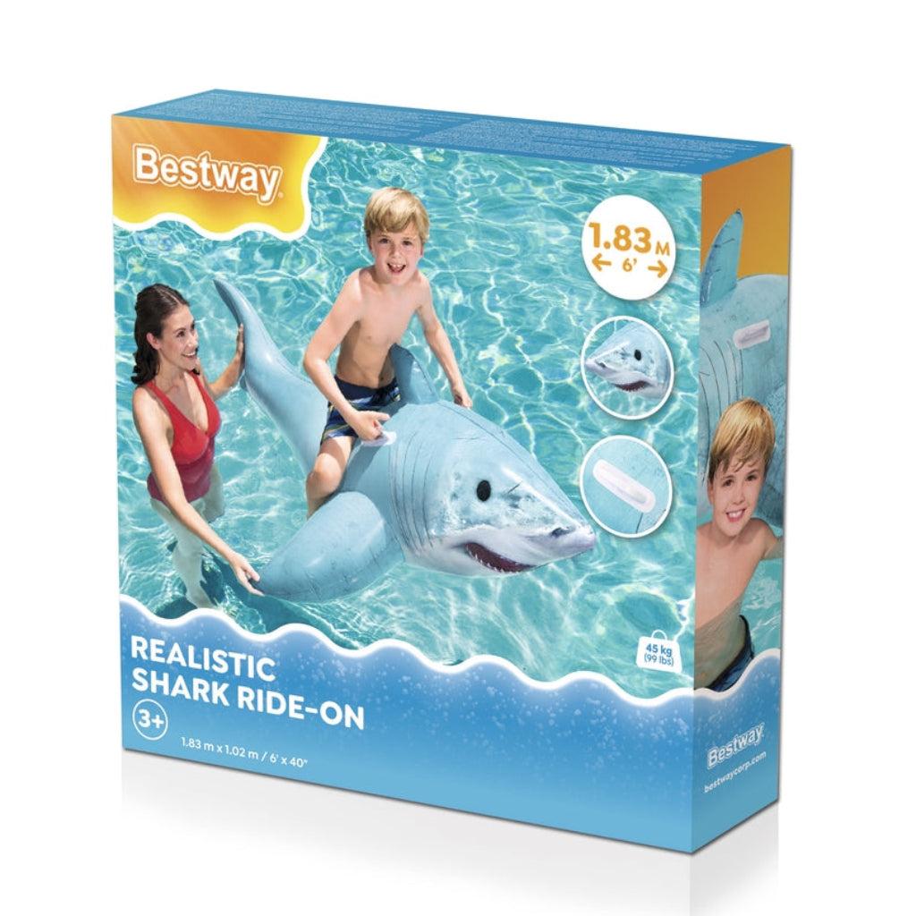 Bestway inflatable shark pool float ride-on, 1.83m x 1.02m with a realistic grey shark graphic