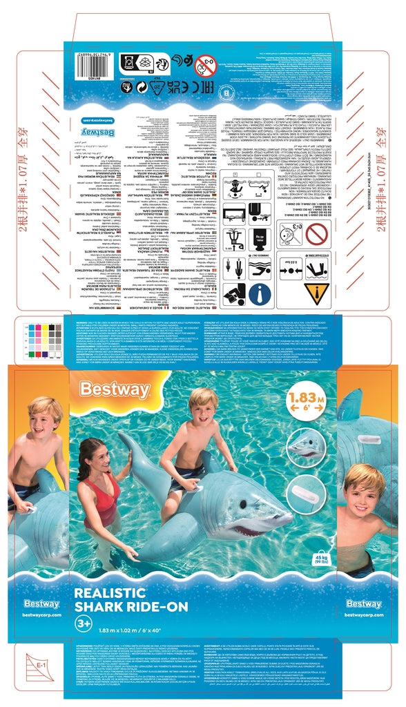 Inflatable shark pool float seen from the side showing the dorsal fin and tail fin detail