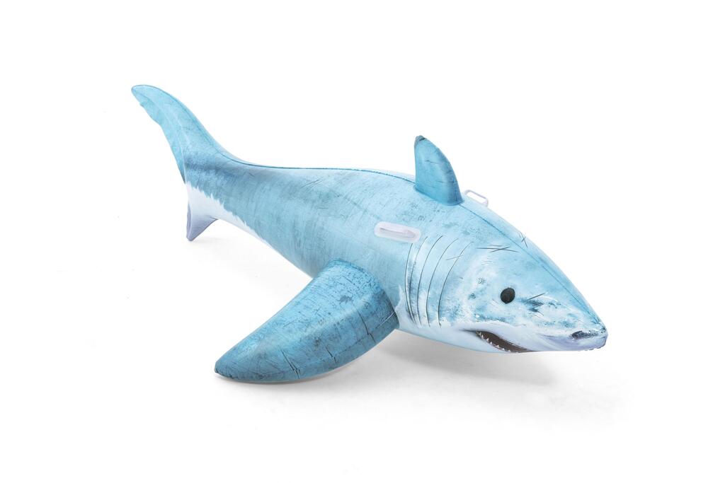 Inflation valve and welded vinyl seam detail on the Bestway inflatable shark pool float ride-on