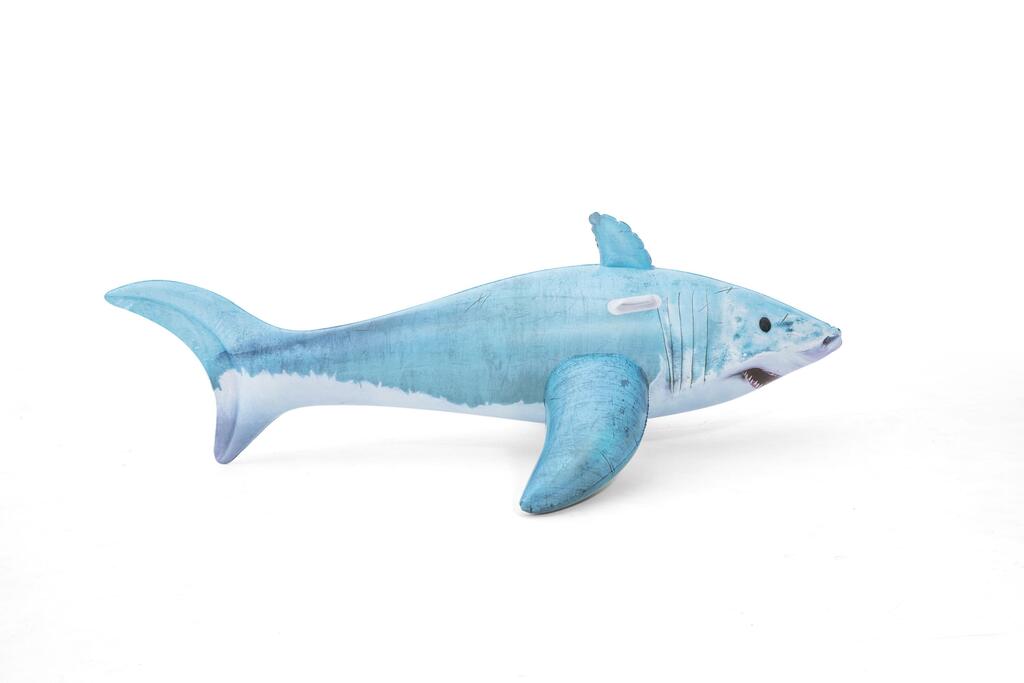 Realistic grey shark graphic with fin and tail detail on the Bestway inflatable ride-on pool float