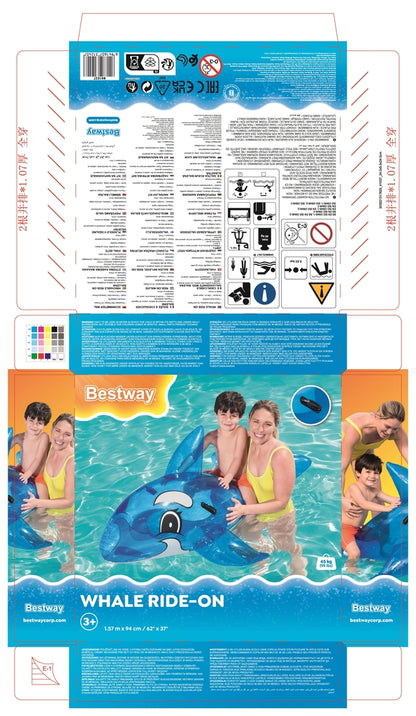 Bestway inflatable whale pool float shown from above with its friendly blue whale graphic, 1.57m