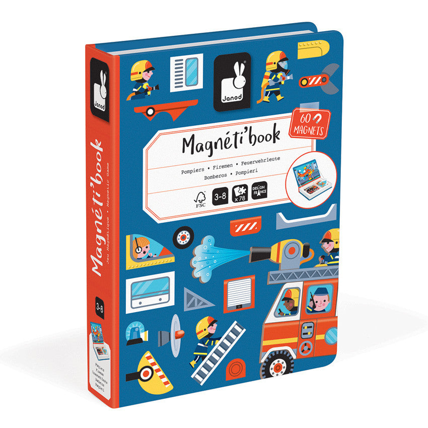 Janod Firefighters Magneti'Book open to show the magnetic fire truck scene, loose magnet pieces including a ladder, helicopter and firefighter figures, and a stack of picture cards
