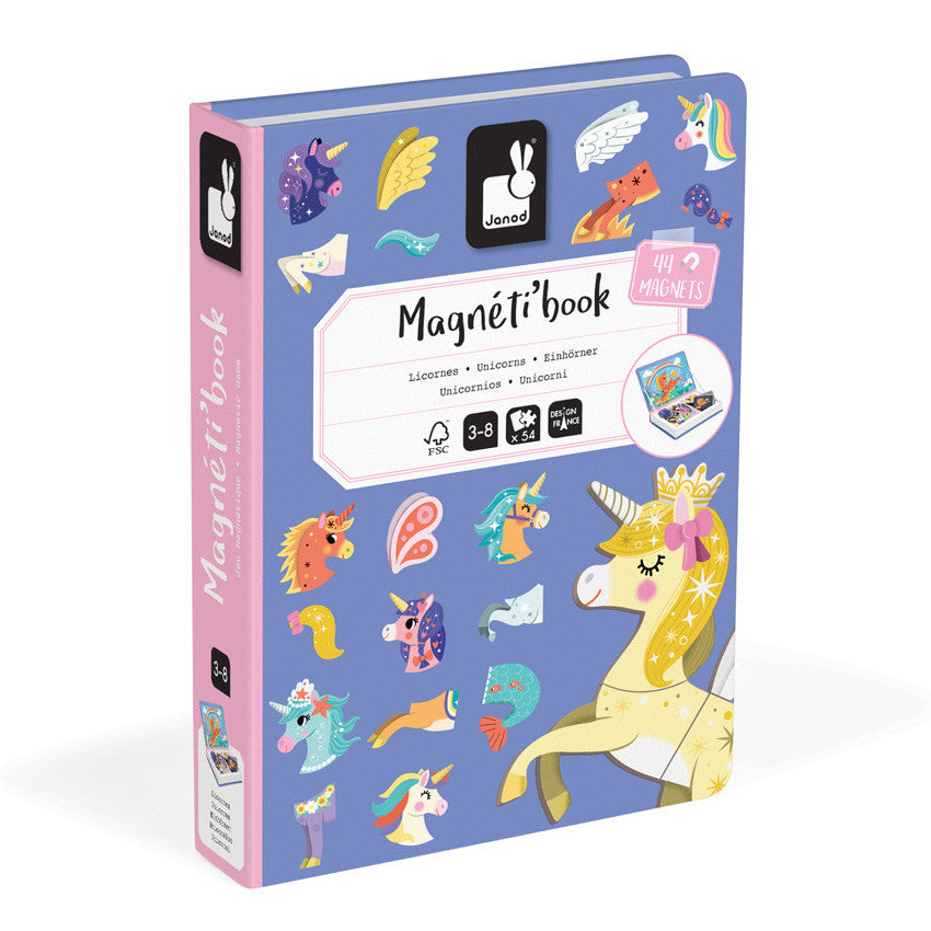 Janod Unicorns Magneti'Book open to show a rainbow unicorn scene, magnetic unicorn puzzle pieces, and a fan of colourful character cards