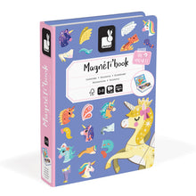 Janod Unicorns Magneti'Book open to show a rainbow unicorn scene, magnetic unicorn puzzle pieces, and a fan of colourful character cards