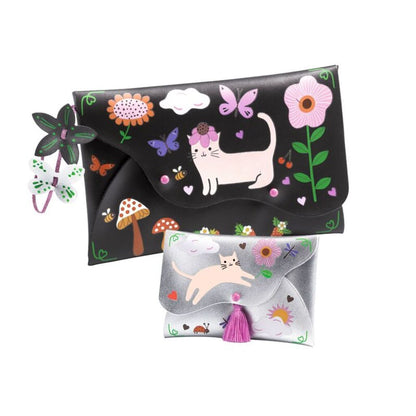 two faux leather pouches ready to decorate with more than 100 colourful rub-on transfers from Djeco