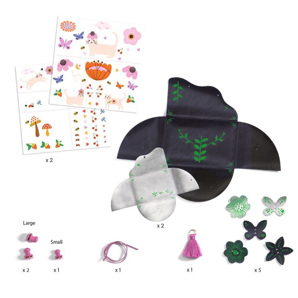 Joyful Friends DIY pouch kit accessories including faux leather decorations, pompom and metallic pink wrist strap