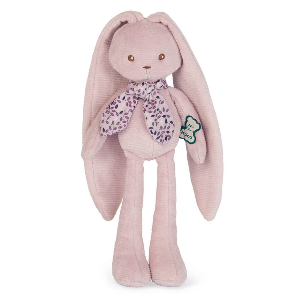 Kaloo Lapinoo Rabbit soft toy in pink corduroy fabric, 25cm, with long floppy ears tied in a purple floral bow