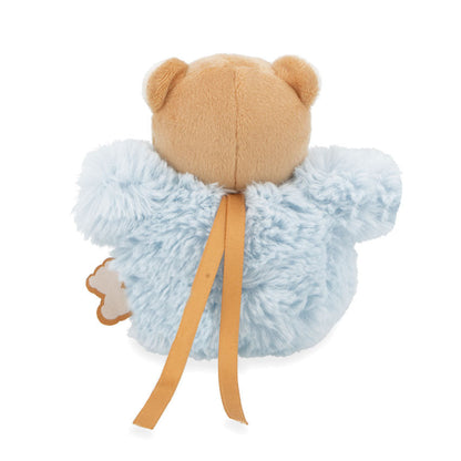 Back view of Kaloo Signature Pompom Bear Blue 12cm showing fluffy blue body and long attachment ribbons