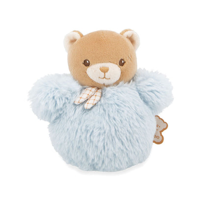 Kaloo Signature Pompom Bear Blue 12cm soft toy with fluffy sky-blue body, beige teddy bear head and gingham scarf