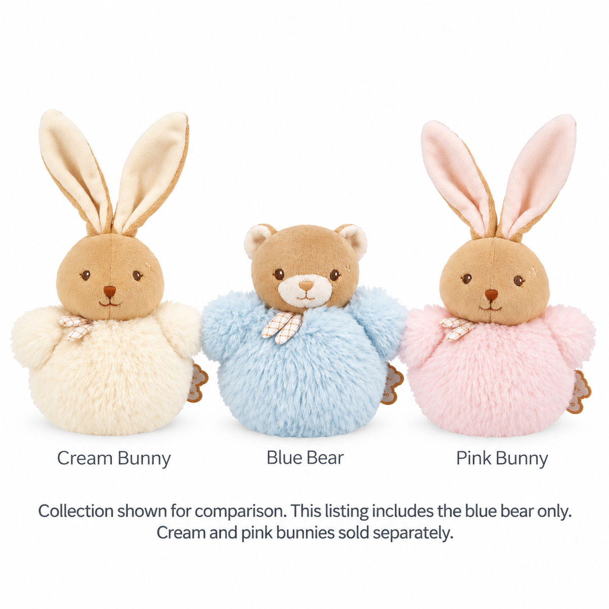 Kaloo Signature Pompom soft toy collection featuring cream bunny, blue teddy bear and pink bunny, each with fluffy fur and gingham scarf.