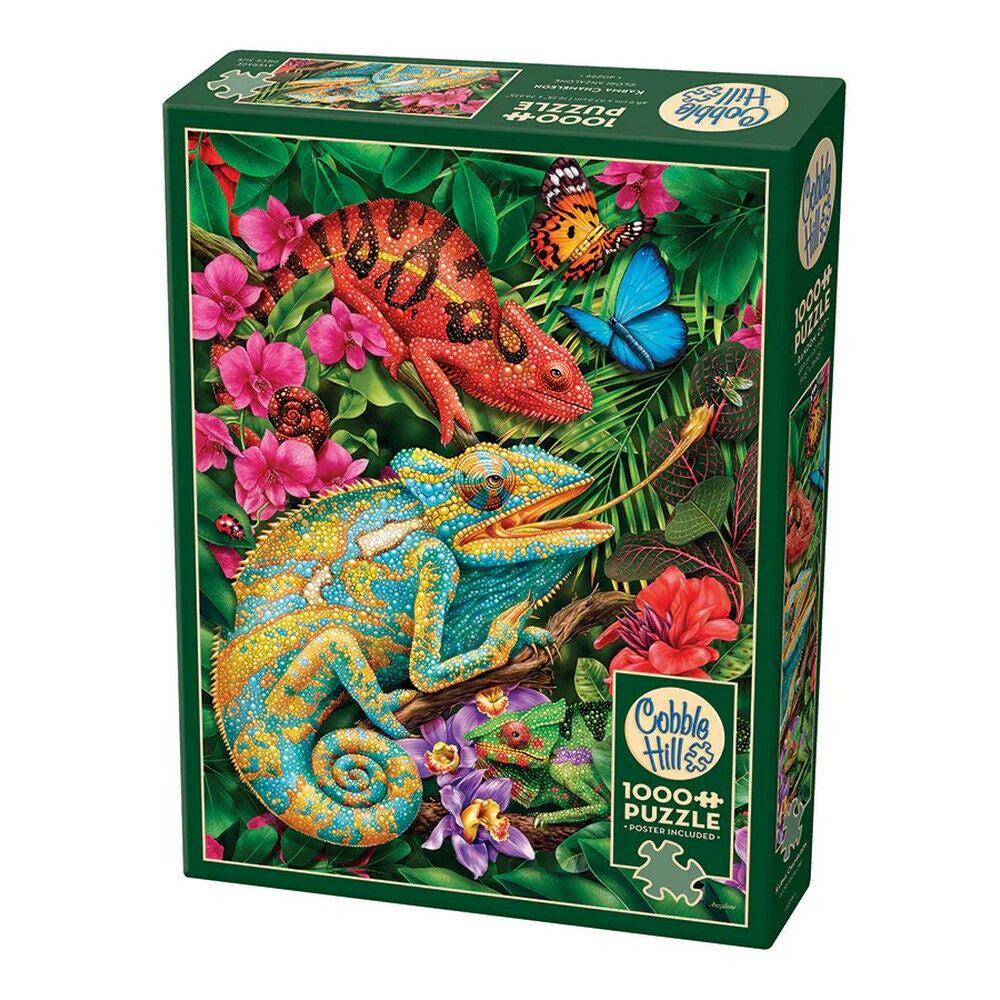 Karma Chameleon 1000 piece puzzle with colourful chameleons butterflies and tropical flowers by Cobble Hill