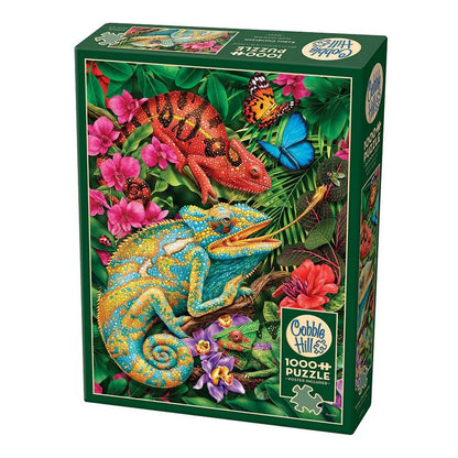 Karma Chameleon 1000 piece puzzle with colourful chameleons butterflies and tropical flowers by Cobble Hill