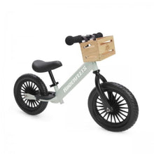 Kinderfeets Trail Balance Bike in Silver Sage shown with optional wooden handlebar crate accessory