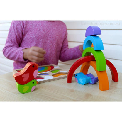 Rainbow pieces from the Kiddie Connect puzzle laid out by colour for naming and matching