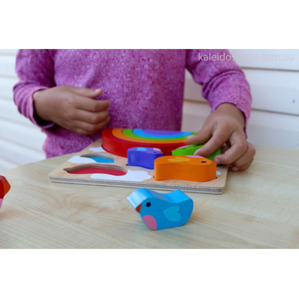 Side view of the Kiddie Connect bird and rainbow puzzle showing the thickness of the pieces
