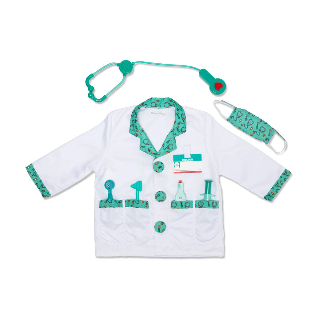 Child-sized white doctor's jacket with clear see-through pockets from the Melissa & Doug role play costume set