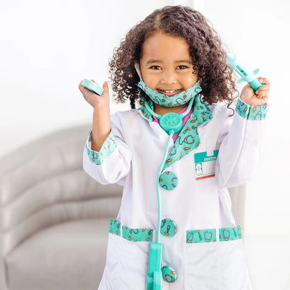 Toy stethoscope with sound effects, reflex hammer, ear scope and toy syringe included in the kids doctor kit
