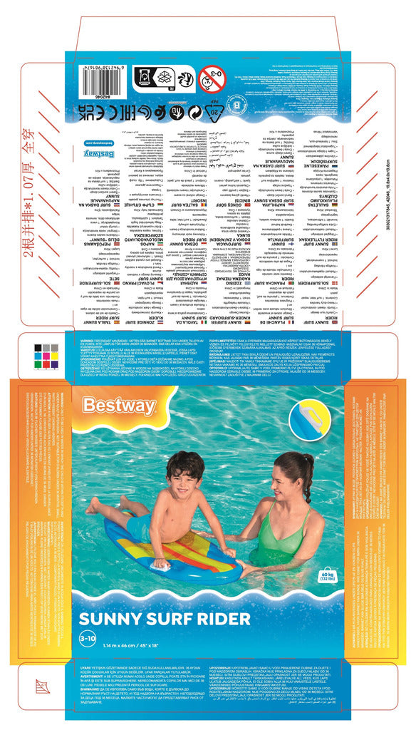 Bestway Sunny Surf Rider kids pool float surfboard with two heavy-duty grab handles, 1.14m x 46cm