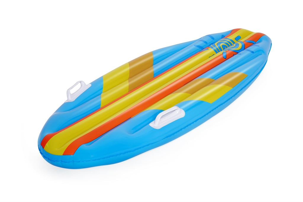 Flat I-beam riding surface of the Sunny Surf Rider kids pool float, built to plane rather than pillow