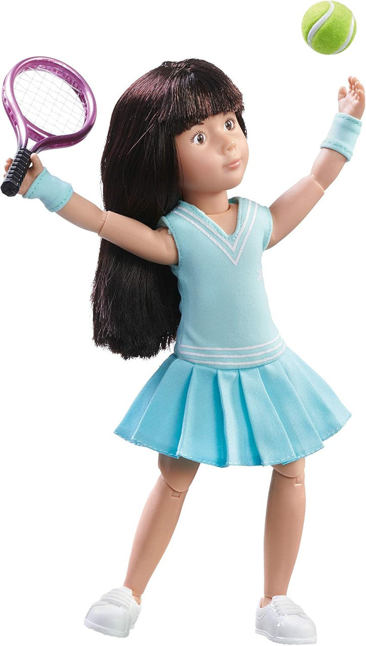 Kruselings Luna doll in blue tennis outfit holding racquet and tennis ball accessory
