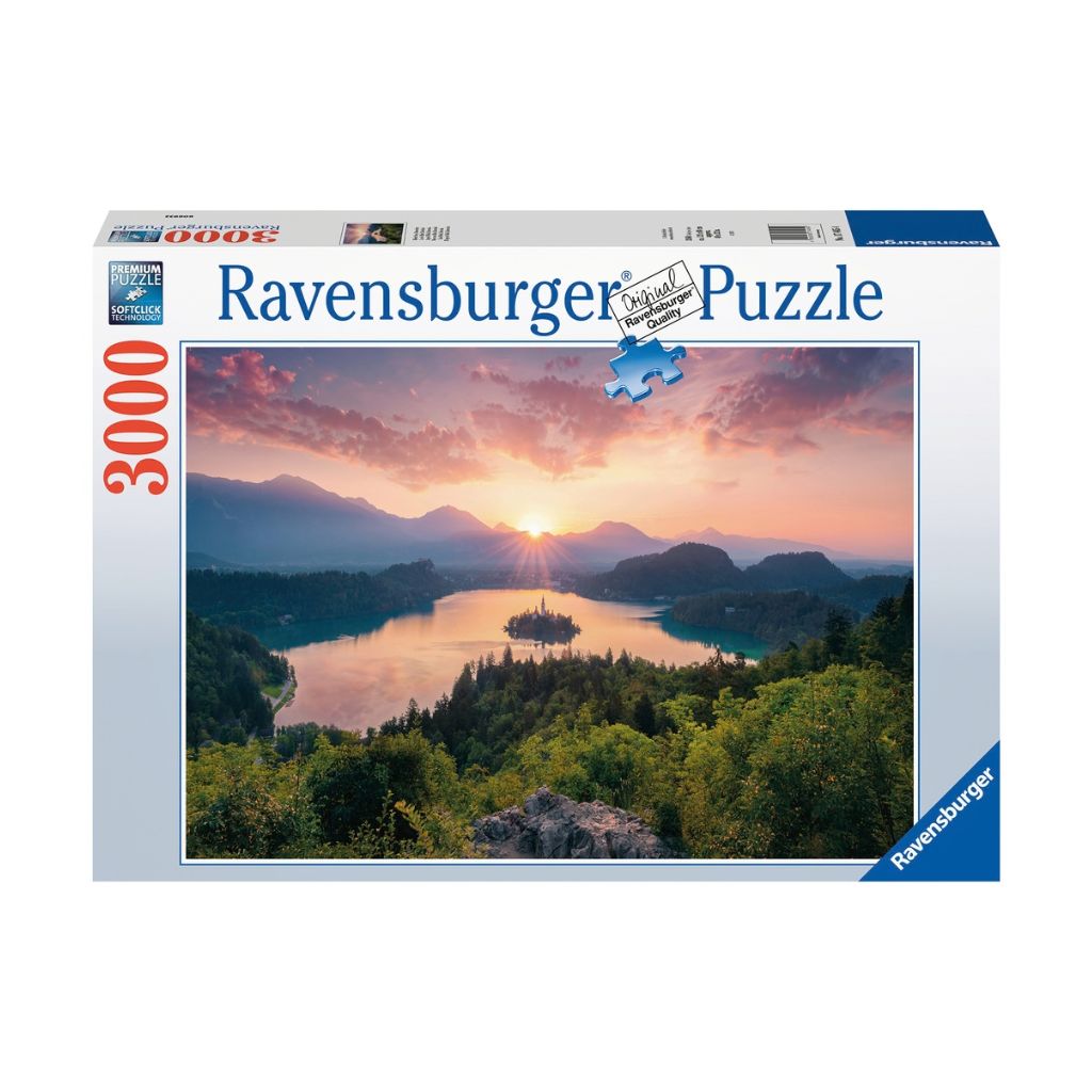 Ravensburger Lake Bled Slovenia 3000 piece puzzle box showing the island church and clifftop castle
