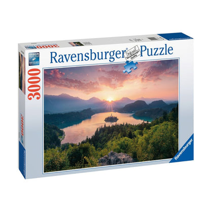 Close-up of Ravensburger puzzle pieces from the Lake Bled Slovenia 3000 piece jigsaw landscape scene