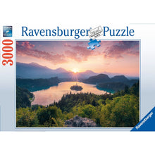 Completed Lake Bled jigsaw puzzle measuring 121 x 80 cm with emerald water, forest and the Julian Alps