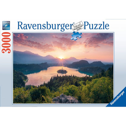 Completed Lake Bled jigsaw puzzle measuring 121 x 80 cm with emerald water, forest and the Julian Alps