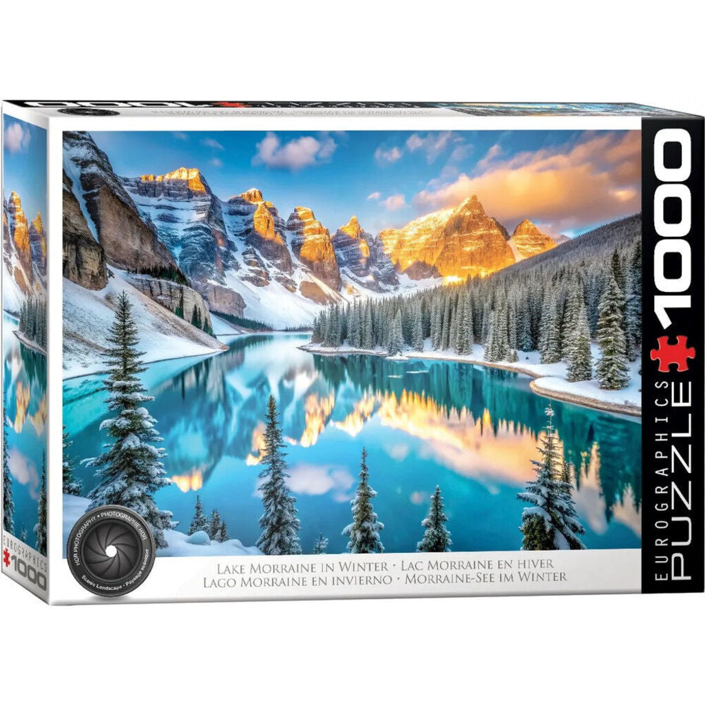 EuroGraphics Lake Moraine Winter 1000 piece landscape jigsaw puzzle box showing Moraine Lake under snow