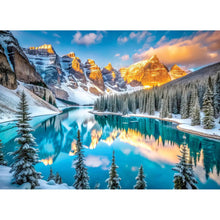 Lake Moraine Winter artwork detail with snow-loaded conifers below the Valley of the Ten Peaks