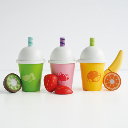 Le Toy Van Honeybake Take Away Fruit Smoothies in their gift box, wooden play food for kids