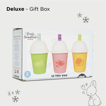 Le Toy Van Honeybake take away fruit smoothies set of wooden cups with colourful fruity designs