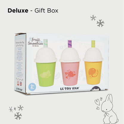 Le Toy Van Honeybake take away fruit smoothies set of wooden cups with colourful fruity designs